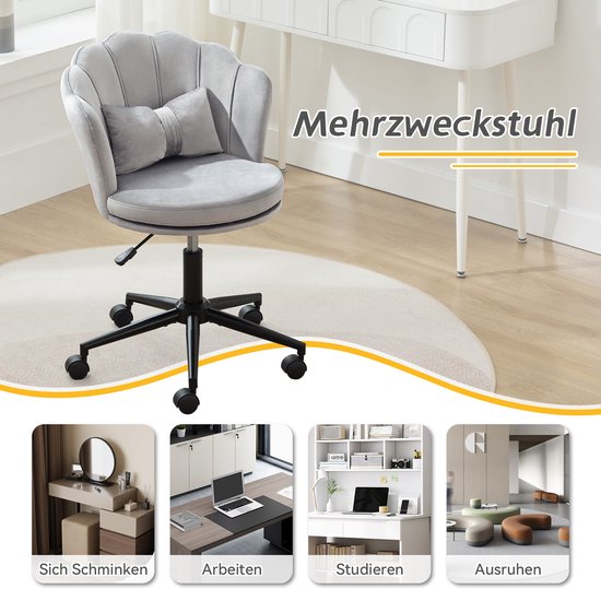 Chaise de bureau - chaise de maquillage - ergonomique - chaise en velours avec dossier en pétales - réglable en hauteur - chaise pivotante à roulettes - Grijs