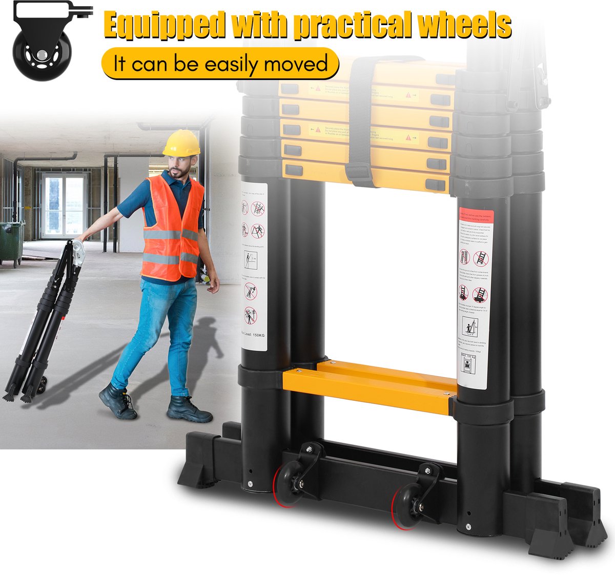 Telescopische Ladder - Telescoopladder - 2,5m+2,5m zwart, Compact en Draagbaar met Soft Closing Systeem, Geschikt voor Particulier en Professioneel Gebruik, Telescopische Vouwladder, Max. Belasting 150 kg – foto 3