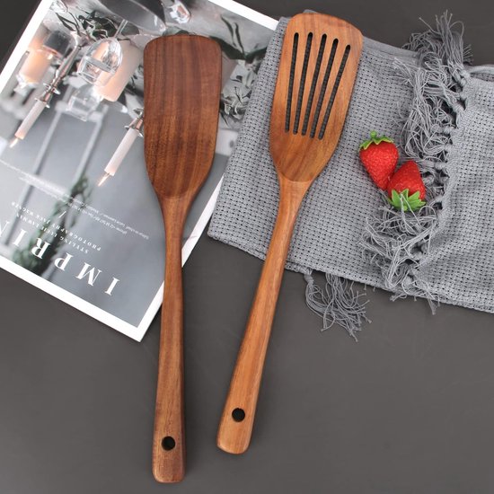 2-delige set spatels van krachtig acaciahout hardhout, 32 cm lengte, natuurproduct keukengerei kooklepel