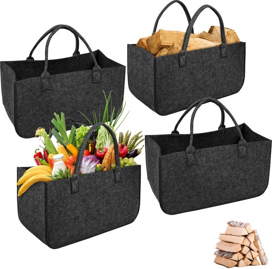 Foto: 4 stuks vilten tas boodschappenmand verdikte brandhoutzak met hengsels vilten tassen boodschappentas brandhoutmand vilt 50x25x25 cm donkergrijs 