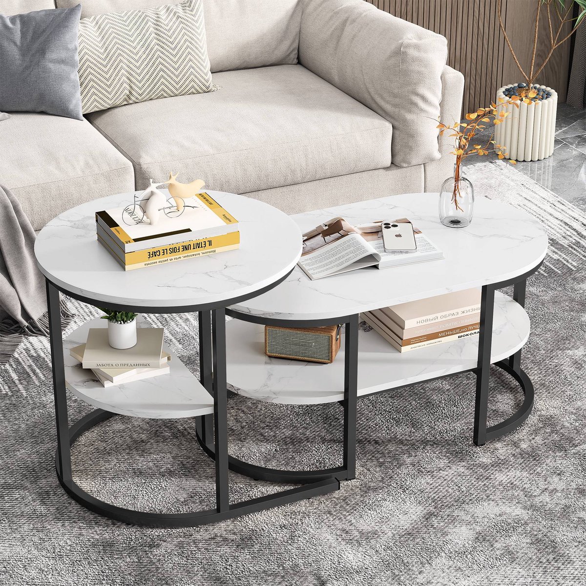 Salontafel, set van 2, bijzettafel, marmerlook met metalen frame en plank(Zwart Ovaal)