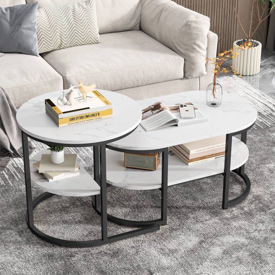 Moderne salontafel rond met 2-laags opbergruimte, marmeren afwerking en stevig metalen frame theetafel voor woonkamer, eenvoudige montage zwarte bijzettafel voor klein appartement woonkamer Moderne salontafel rond met 2-laags opbergruimte, marmeren afwerking en stevig metalen frame theetafel voor woonkamer, eenvoudige montage zwarte bijzettafel voor klein appartement woonkamer