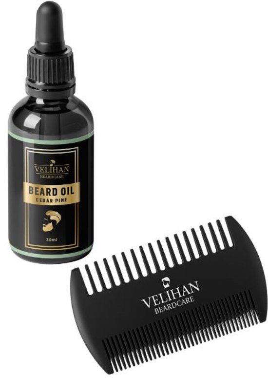 Velihan Beardcare - Duo Soin de la barbe - Huile de barbe cèdre pin 30 ml - Peigne à barbe - Coffret Soin de la barbe - Cadeau homme - Soin de la barbe - Huile à barbe - Cadeau petit ami - Croissance barbe - Cadeau idéal homme - Coffret cadeau homme