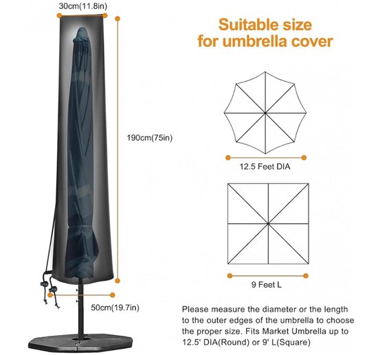 Afmetingen van de zwarte parasolhoes: 190cm hoog, 50cm breed, 30cm diep. Geschikt voor parasols tot 12,5 ft diameter.