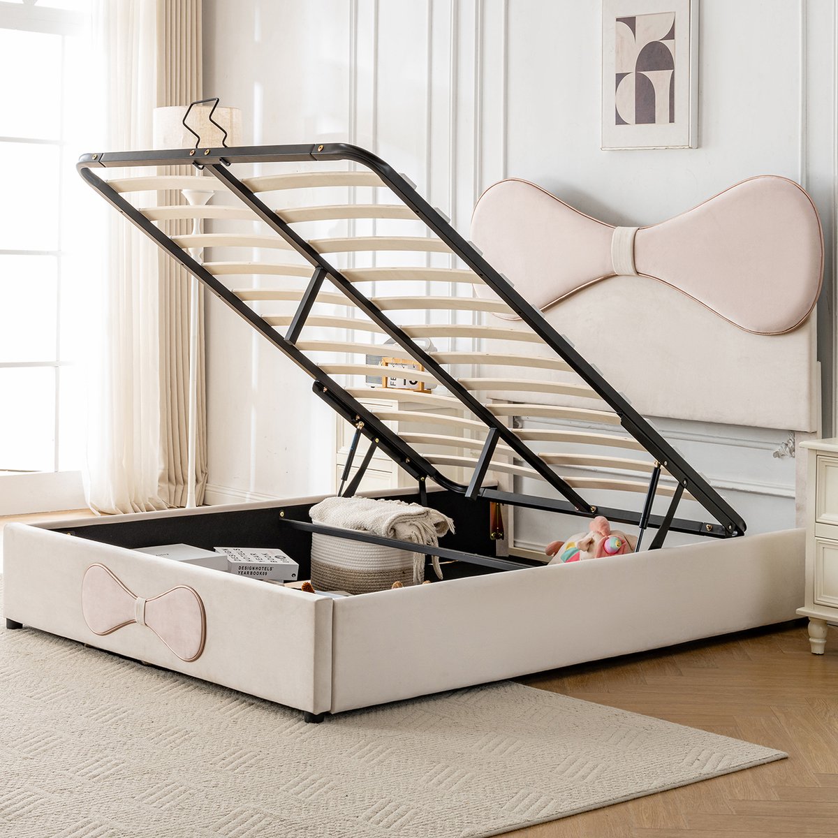 Learnlogic tweepersoonsbed, verstelbaar hoofdeinde, vlieggevoelde hoofdeinde, bed met een lattenkader gemaakt van metalen frame, modern bedframe met opbergruimte, fluweel, beige+roze, 140x200cm