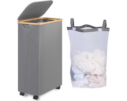 Wasmand met wieltjes - smal - 75 liter - grijs - wasbare binnenzak