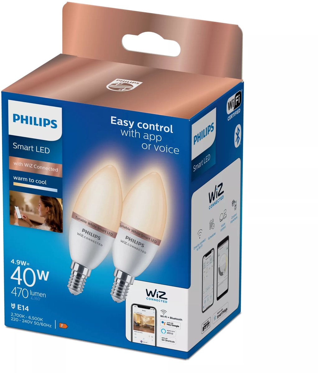 Philips Smart Lighting - Kaarslamp 2-pack - Slimme LED-Verlichting - Warm- tot Koelwit Licht - E14 - 40W - Mat - Wi-Fi