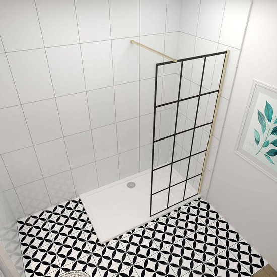 Douchewand-Inloopdouche 100x200cm met mat Zwart kader en raster 8mm NANO EasyClean veiligheidsglas gouden profiel N-Form 90cm Stabilisatiestang