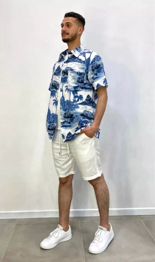 Chemise italienne d'été pour homme - Manches courtes - Imprimé palmiers - Col ouvert