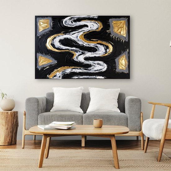 Zwarte abstracte stroom vormen - Rivier wanddecoratie - Poster golf - Abstract expressionisme - Muurdecoratie kinderkamer - Muurkunst - poster 70x50 cm