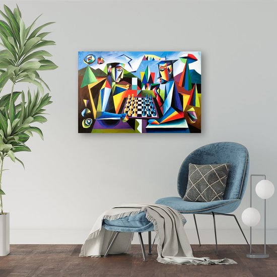 Kubistisch kleurrijk schaakspel kunstwerk - Schaken wanddecoratie - Wanddecoratie schaakbord - Kubisme - Wanddecoratie modern - Woondecoratie - poster 60x40 cm