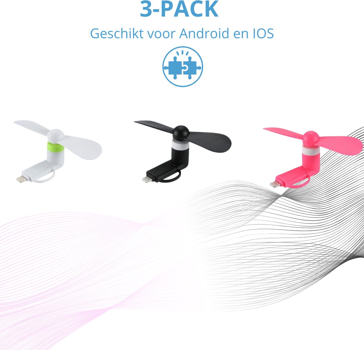 Twenty4seven® Mini Ventilator Set voor Smartphone - 3 Stuks - Handventilator - Draagbare Waaier Handwaaier - Hand Fan Draadloos - Geschikt voor USB-C, Micro-USB en Lightning — afbeelding 6