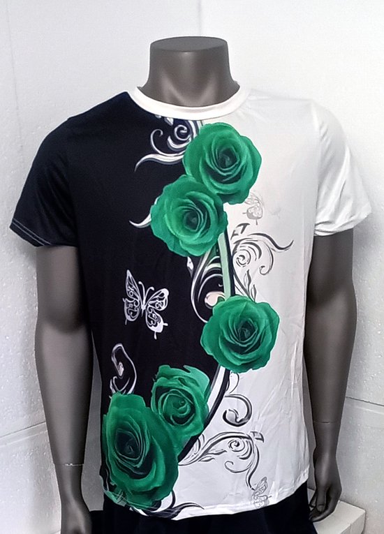 T-shirt Poyester groen met Wit en zwart Maat XXL met mooie groene bloemen nr 231