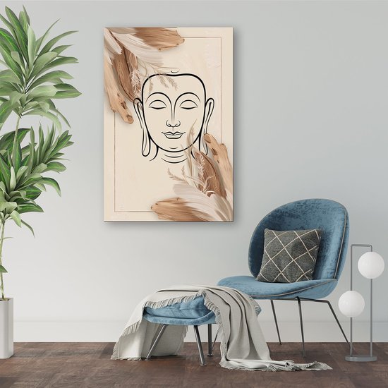 Serene Boeddha met natuurlijke details - Boeddha wanddecoratie - Poster gezicht - Lijntekening - Muurdecoratie industrieel - Decoratie woonkamer - poster 60x90 cm