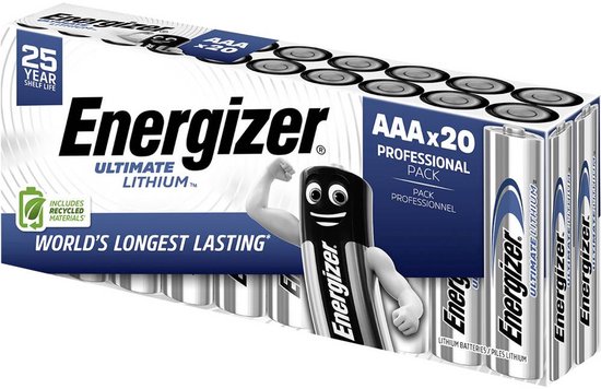 Doos met 20 Energizer Ultimate Lithium AAA batterijen. Met de Energizer mascotte, 's werelds langst durende batterij.
