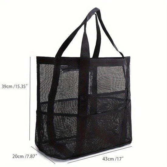 Mesh grote strandtas, extra grote multifunctionele mesh outdoor opbergtas, zandspeelgoed levensmiddelen opbergnettas, lichte nettas strand, picknick (zwart)