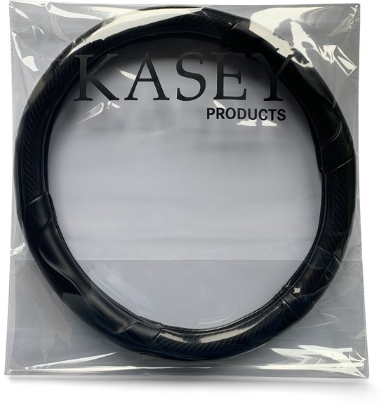 Zwarte stuurhoes met carbon-look details, verpakt in een doorzichtige plastic verpakking met 'KASEY PRODUCTS' logo.