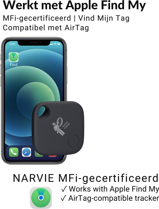Zwarte Narvie tracker met tekst 'NARVIE MFi-gecertificeerd' en 'Works with Apple Find My'.
