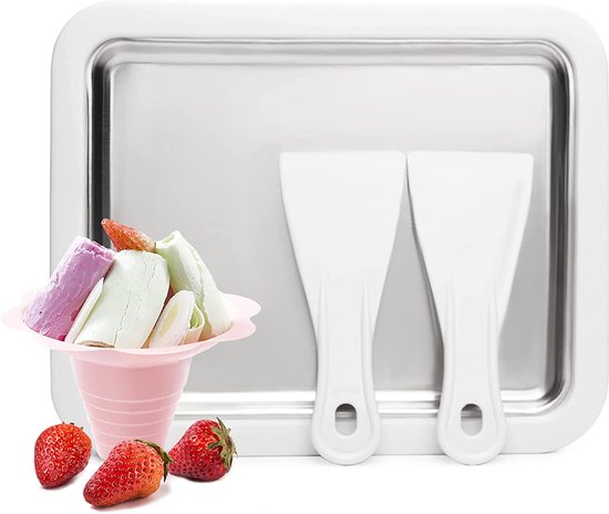 NAXSIR Ijsrolletjes Maker Set - Roestvrijstalen Schotel met Antislip Rand + 2 Spatels - Perfect voor Ijswerk, Frozen Yoghurt & Desserts