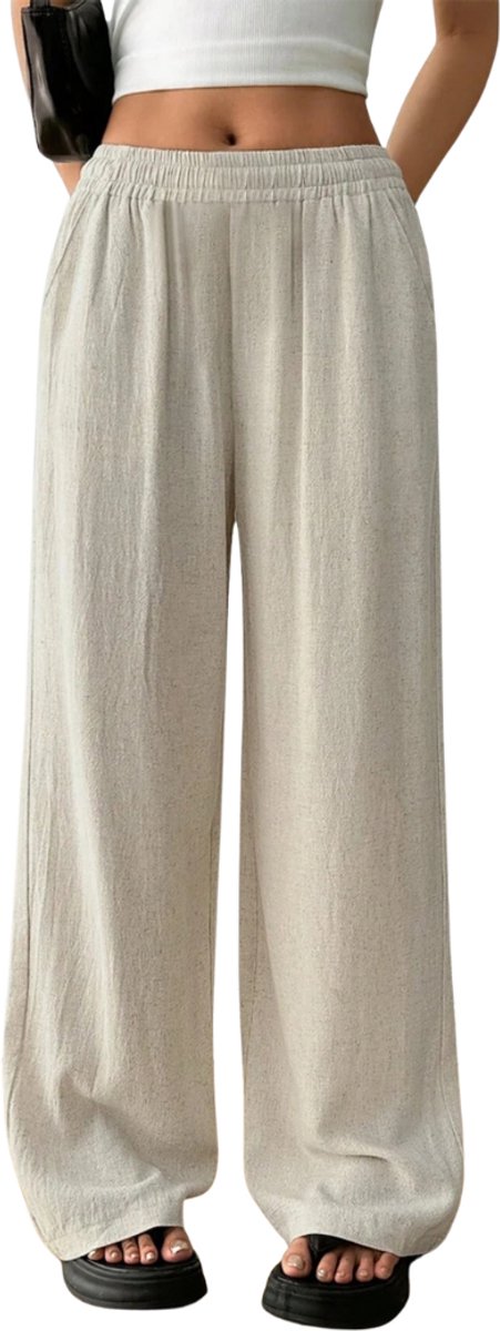 Nivard Linnen Broek Dames Zomerbroek Volwassenen Lange Broek Pantalon Strandbroek Zomer Ibiza Stijl Beige