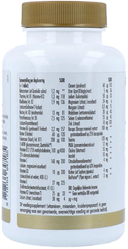 Achterkant van een fles Golden Naturals tabletten met een tabel met ingrediënten en %DRI. Goudkleurig etiket.