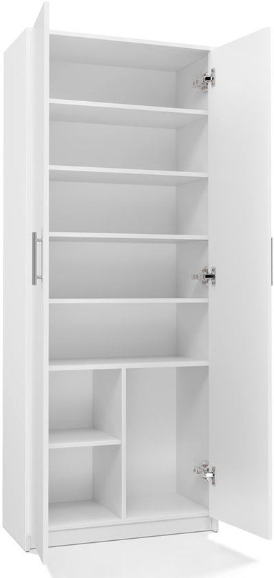 Open witte kast met meerdere planken en een gedeeld vak.