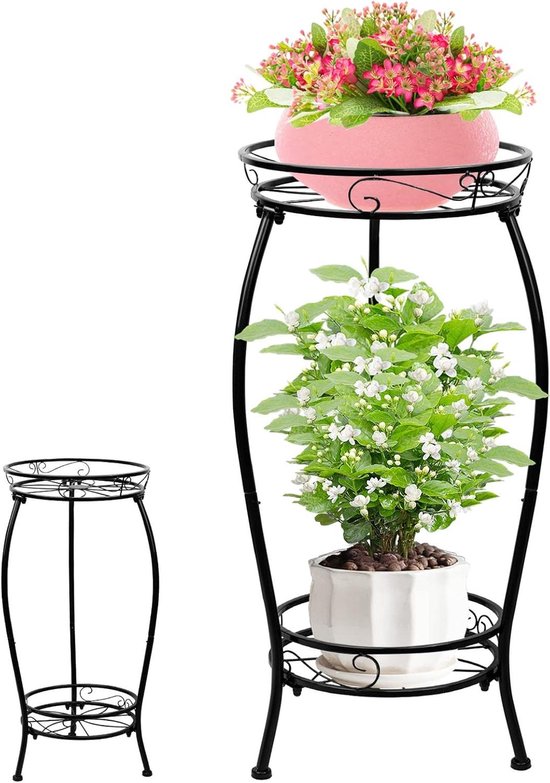 MA3TY Plantenstandaard van metaal, robuuste bloempothouder voor binnen en buiten, 2 etages, zwart, 51,5 cm