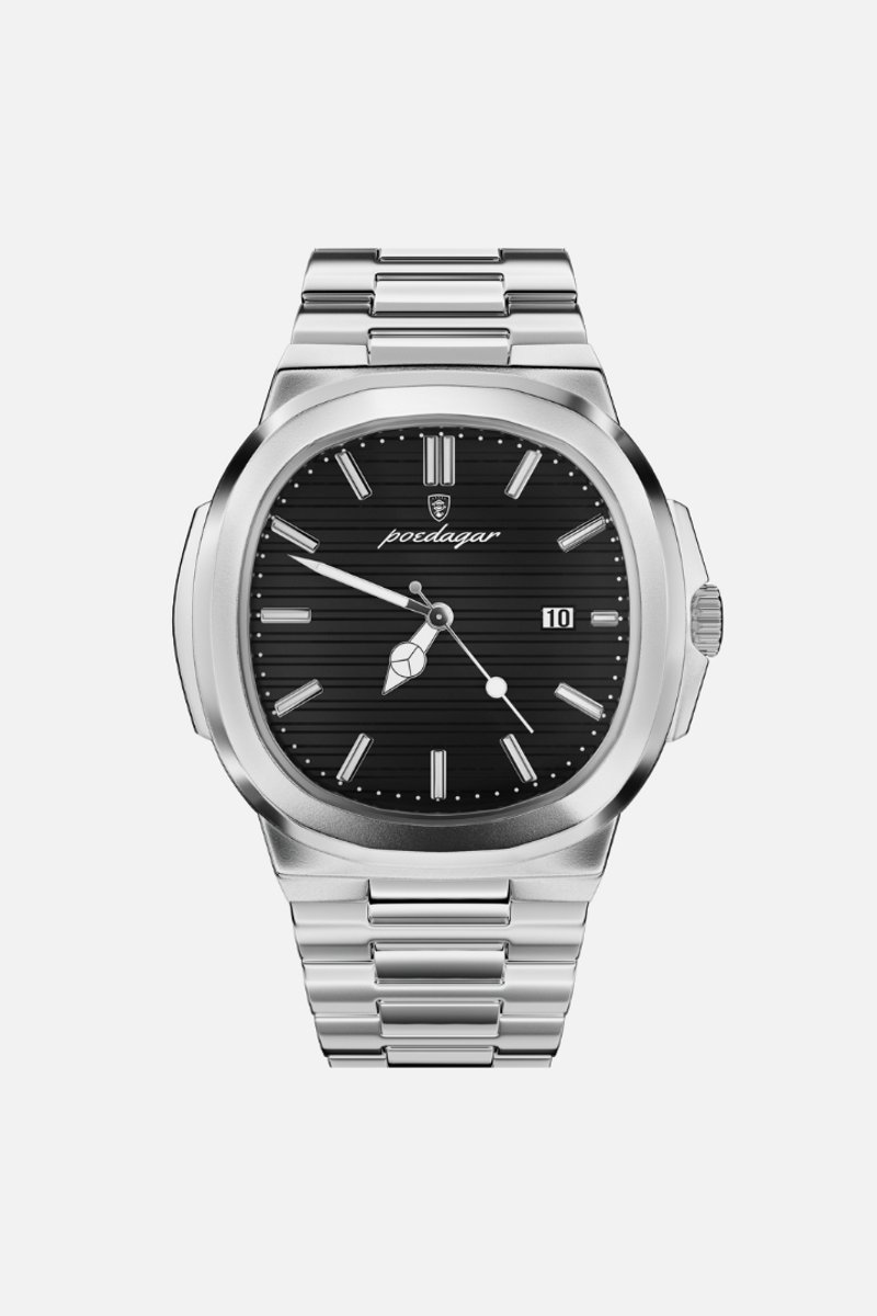 Selevie Horloge Aquarius - Zilver Staal - Zwarte - Saffierglas, 30M Waterproof, Lichtgevende Wijzers