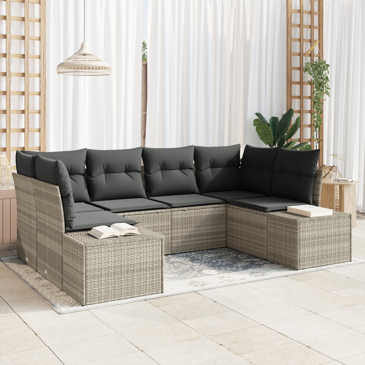 vidaXL - Tuinbank - Set - met - opslag - 6 - pcs - Lichtgrijs - Poly - rattan
