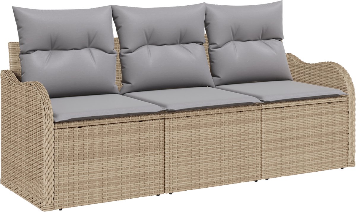 vidaXL - Tuinbank - Set - met - kussen - 3 - pcs - Beige - poly - rattan