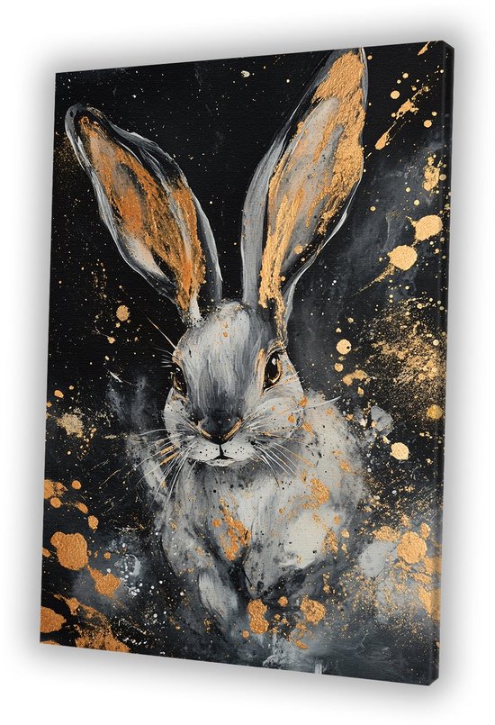 Zwart-wit konijn met goudspatten - Konijn muurdecoratie - Schilderijen dieren - Modern kunst - Schilderij vintage - Woondecoratie - canvas 50x70 cm