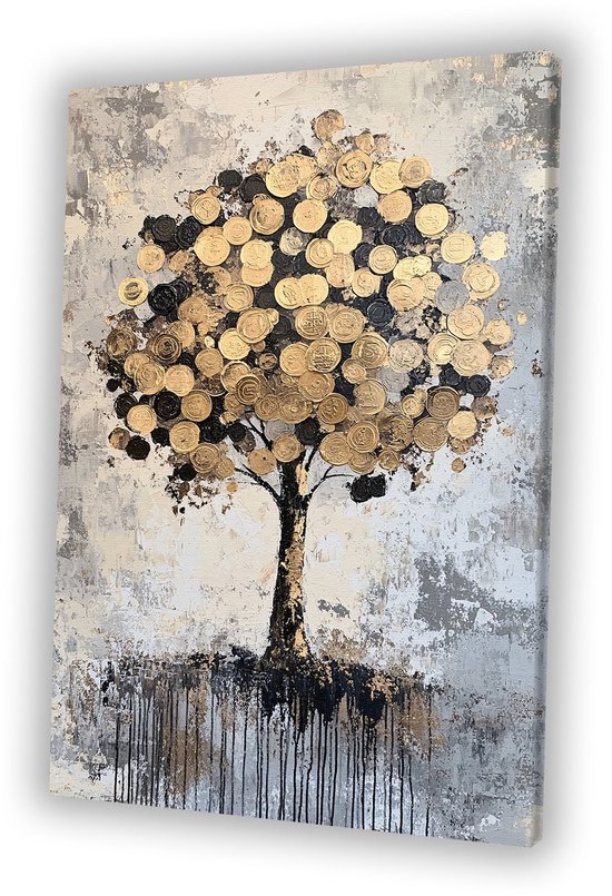 Abstracte boom met gouden bladeren - Geldboom canvas schilderijen - Canvas schilderijen boom - Zwart wit - Muurdecoratie landelijk - Woonaccessoires - canvas 50x70 cm