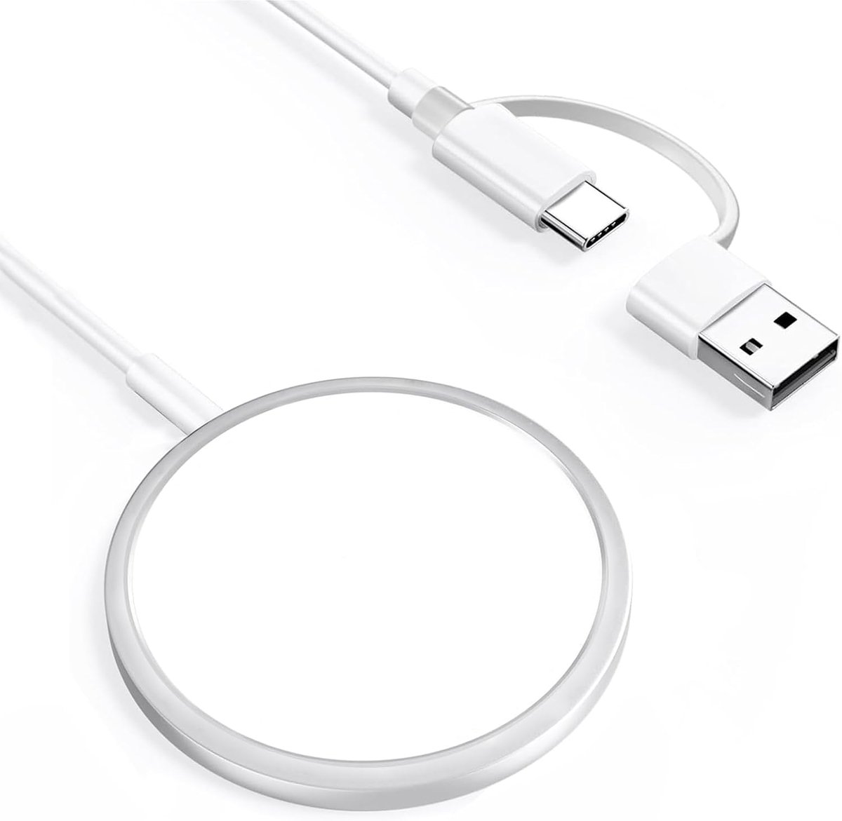 15W Magnetische inductielader - Geschikt voor MagSafe naar USB-C-oplaadkabel & USB-A-poort geschikt voor iPhone 16/15/14/13/12 Pro Max Mini Plus - Draagbare oplader Wit