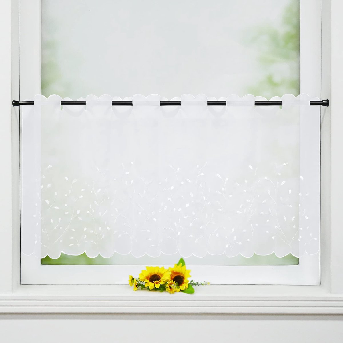 Ibenzoa Transparante Gordijnen met Gras- en Bladpatroon voor Keuken en Woonruimte 120x30cm wit