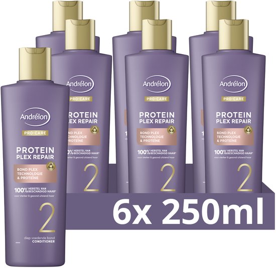 Doos met zes flessen Andrélon Pro-Care Conditioner, 6x 250ml, paars met gouden dop.
