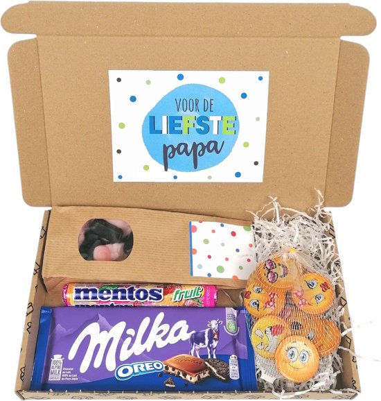 Vaderdag cadeau - brievenbuspakket - Voor de liefste papa - Milka - Emoji chocolade - Winegum - Mentos