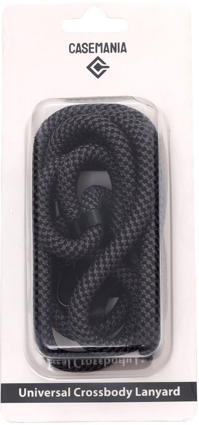 Casemania universeel crossbody koord in zwart, in verpakking.