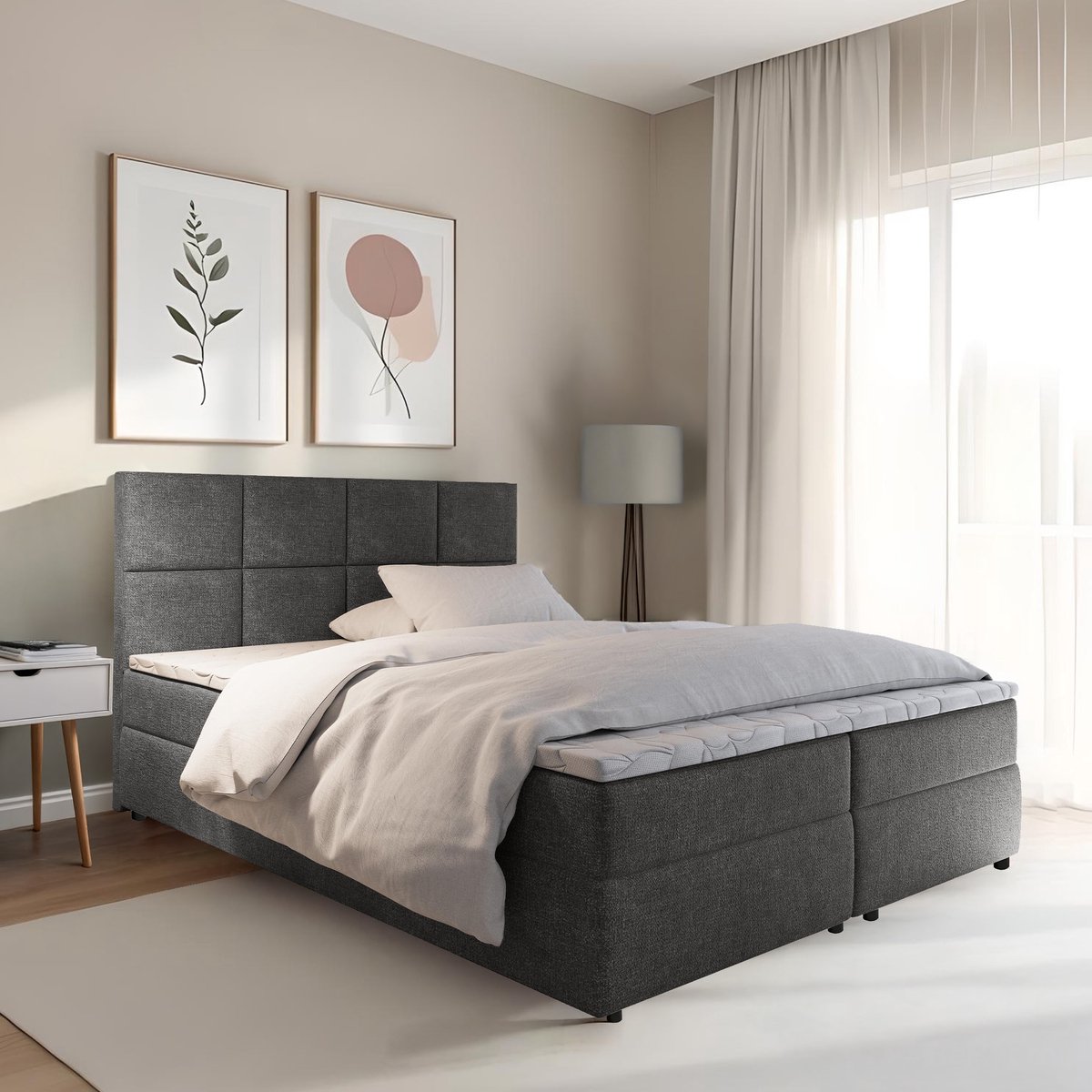 Boxspring met opbergruimte Sam - 160x200 cm - Antraciet - Inclusief Topper - Bed met Opbergruimte - Opberg boxspring - Bonellvering tot 100 kg - Beddenbriljant