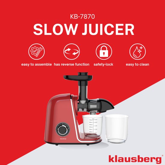 Klausberg Slowjuicer - 150W - 700ml - Groenten en Fruitpers - Met Pulpreservoir - Kersenrood - Juice Maker - Juicer met 7-Traps Perssysteem van Klausberg — afbeelding 5