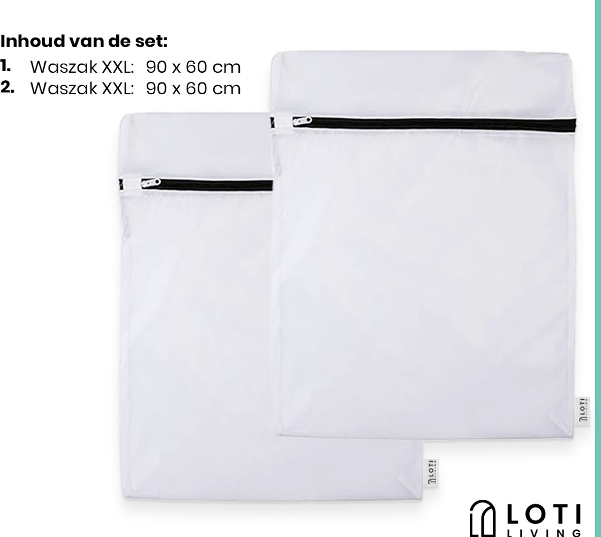 Loti Living Grote Waszakken Set 2 stuks – 60x90 cm – Waszak voor Beddengoed, Handdoeken & Kleding – Wasnet voor Wasmachine – Wit — afbeelding 2