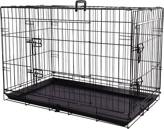 Zwarte metalen hondenbench met twee deuren en een zwarte plastic lade.