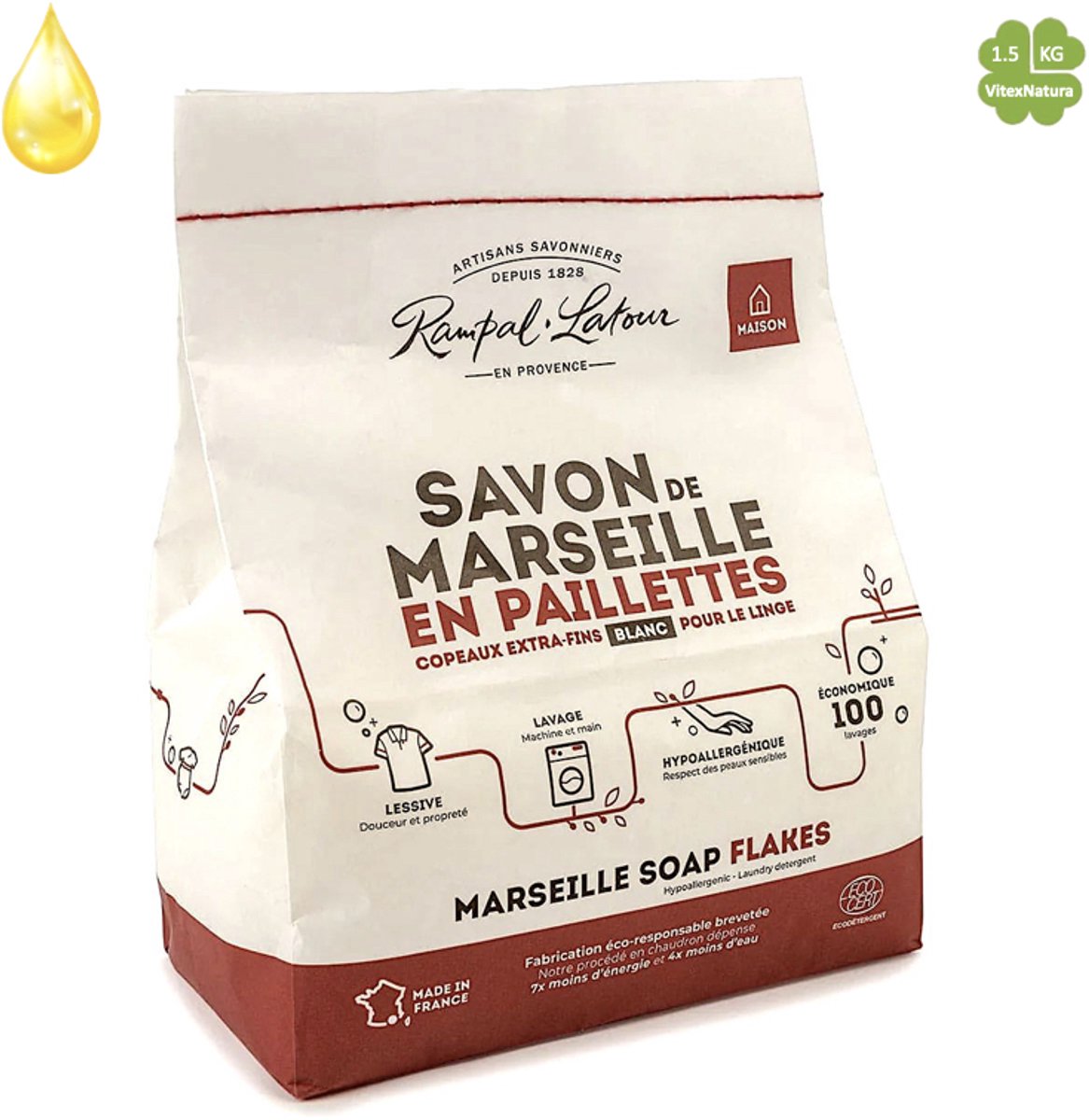 Marseille zeepvlokken wit met plantaardige olie 1.5 kg | Rampal Latour | Zuinig Ecologisch Milieuvriendelijk Hypoallergeen | Zonder conserveermiddel