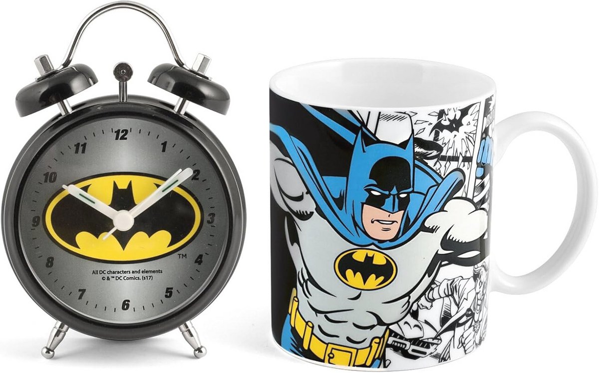 Stijlvolle Wekker en Mug Set - Porselein, Zwart, 2 Stuks