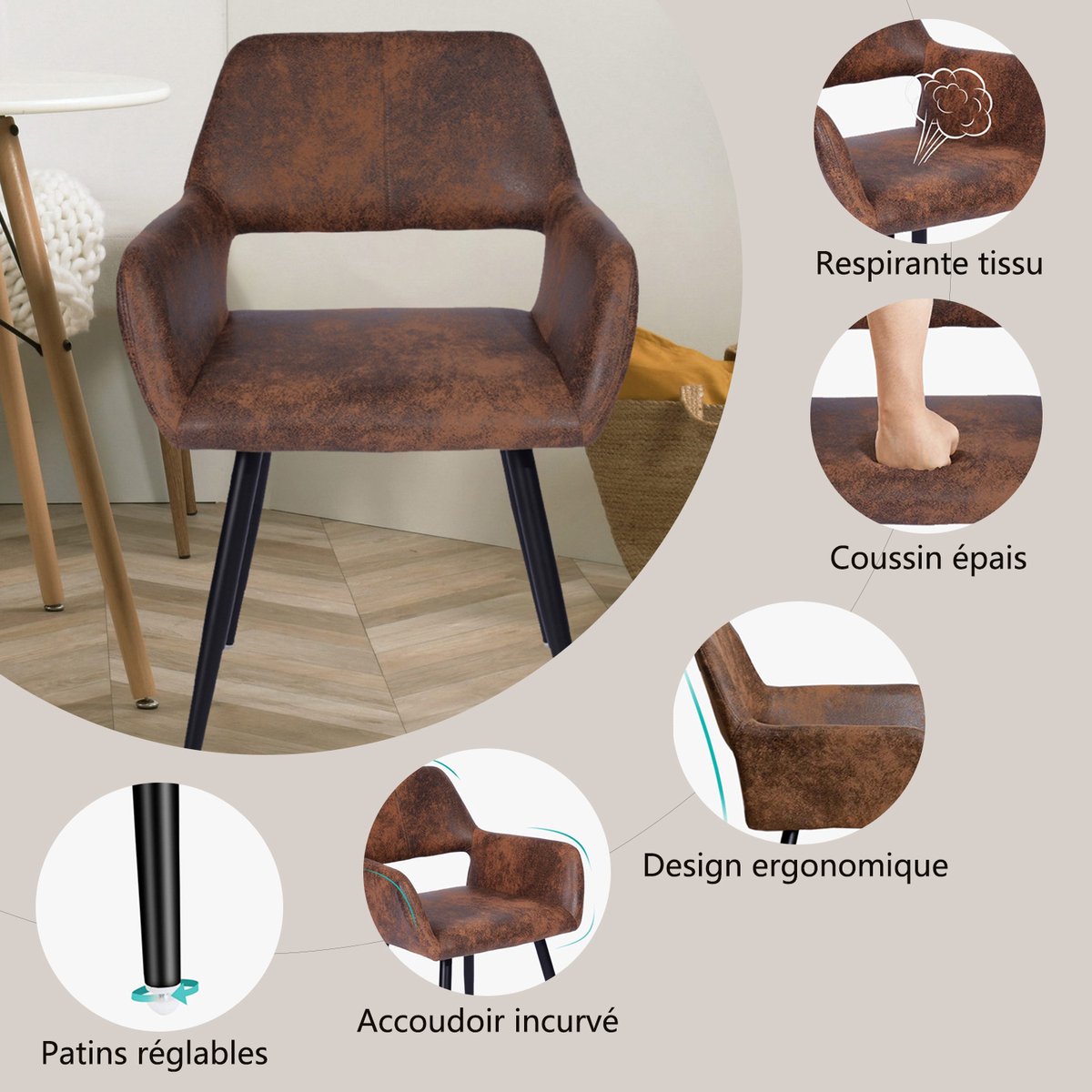 MEUBLES COSY Eetkamerastoel- Set van 4- Koffie-Dik gevoerde Kunstleder/Leer Stoel-Met armleuning-Vintage-met rugleuning- Keukenstoel - Kuipstoel - Woonkamerstoelen – foto 4