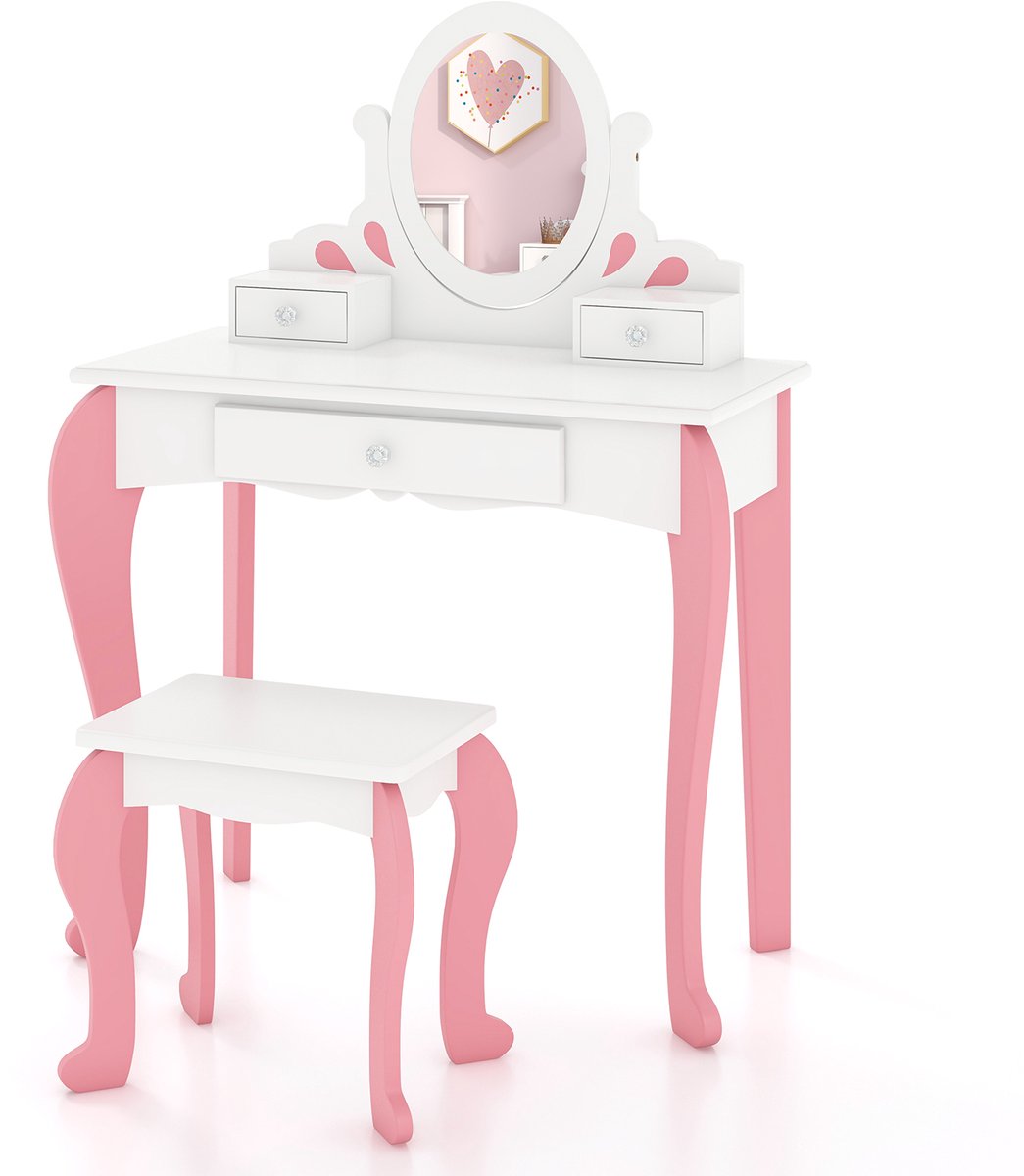 COSTWAY Make-uptafel voor kinderen, met kruk, prinsessen-kaptafel met 3 laden en 360 graden draaibare spiegel, kaptafel voor meisjes (wit)