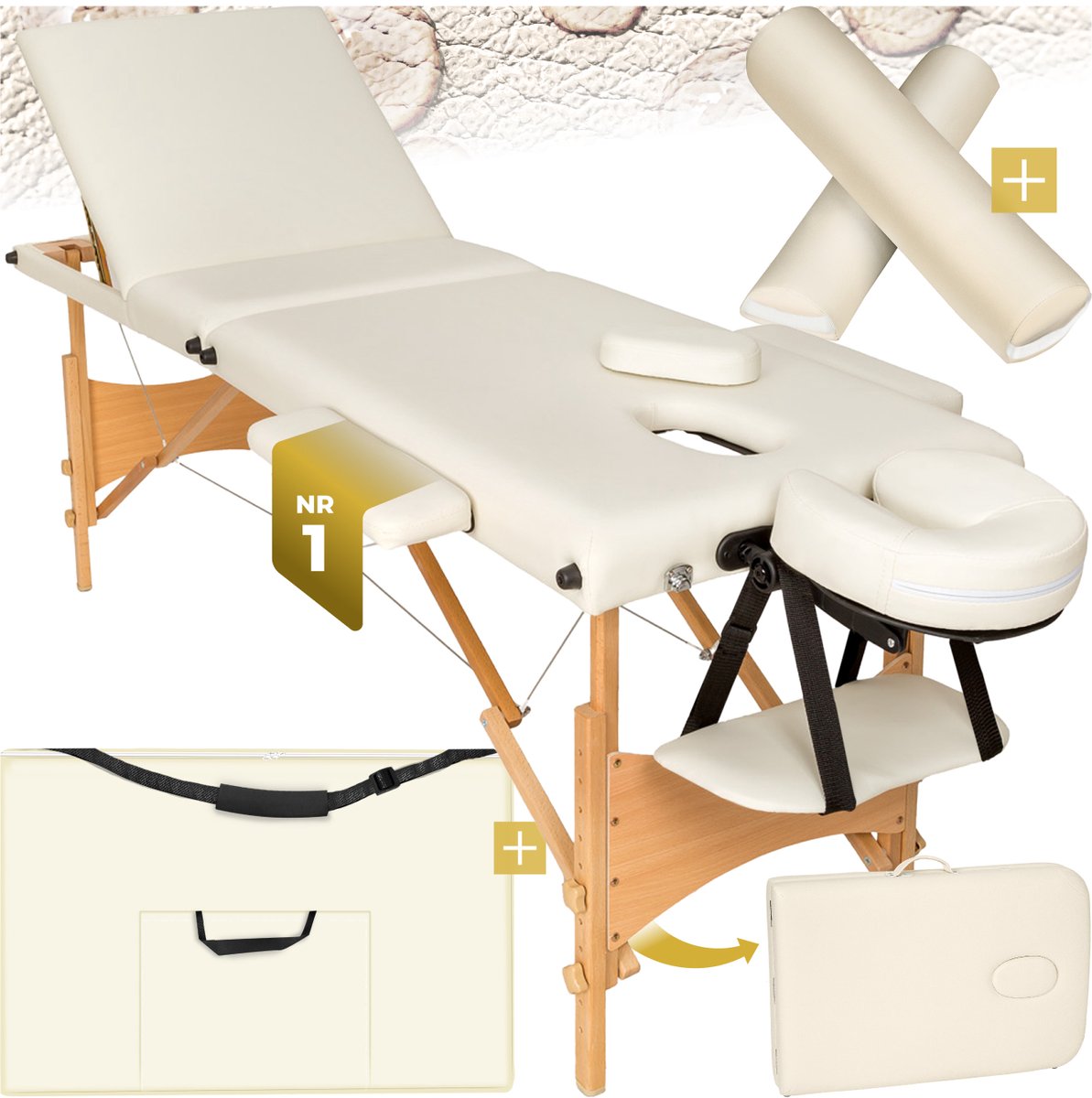 Goedkoopste tectake® 3-zone-massagetafel - Draagvermogen tot 250 kg - Mobiele massagebank - Set met rolkussens - Houten frame - Behandelbank - Inclusief draagtas - Cosmetische stoel - In hoogte verstelbaar - Afmeting (LxBxH) 210x95x62 - 84 cm - Beige
