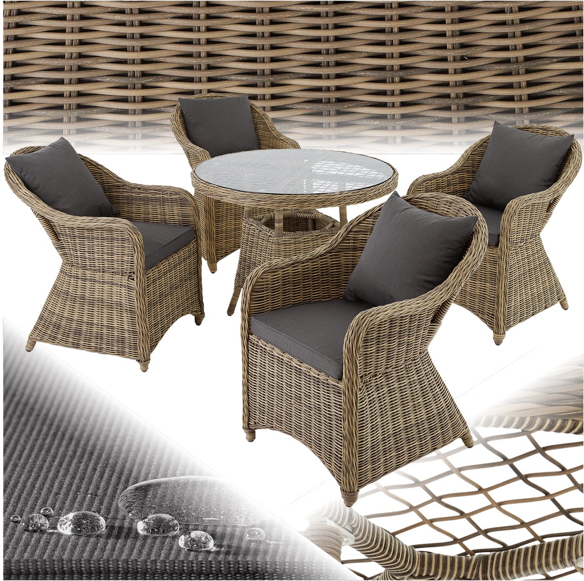 tectake® Rotan Zitgroep - Weerbestendige Tuinmeubelset met Tafel en 4 Stoelen - Perfect als Lounge in Serre, Balkon of Terras - Tuinfauteuil en Tafel voor Buiten - Natural