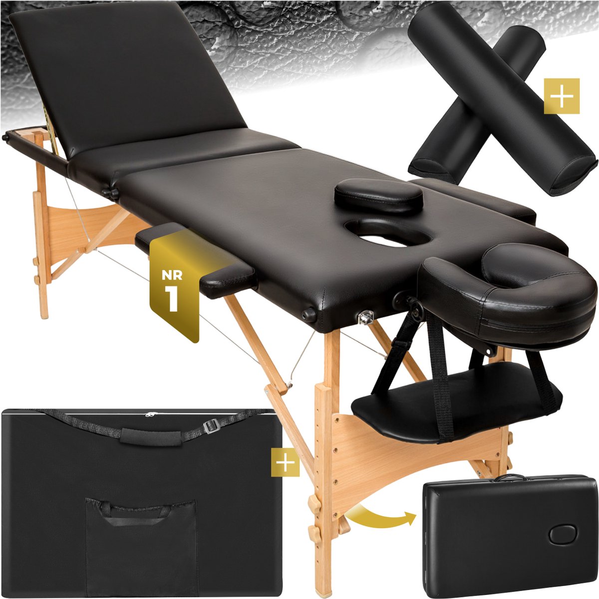 Goedkoopste tectake® 3-zone-massagetafel - Draagvermogen tot 250 kg - Mobiele massagebank - Set met rolkussens - Houten frame - Behandelbank - Inclusief draagtas - Cosmetische stoel - In hoogte verstelbaar - Afmeting (LxBxH) 210x95x62 - 84 cm - Zwart