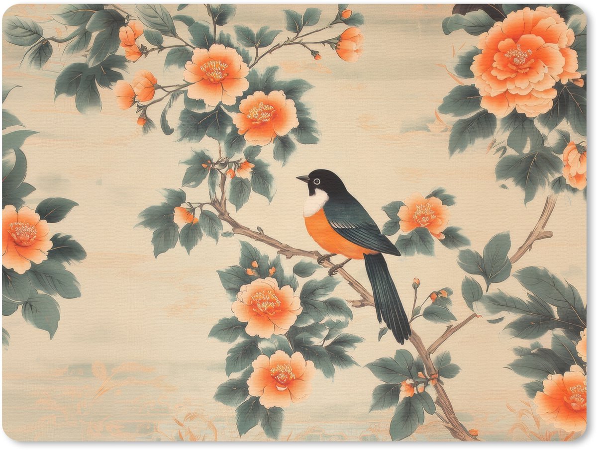 Muismat 23x19 cm - Mousepad Vogel - Tak - Bloemen - Oranje - Muismatten