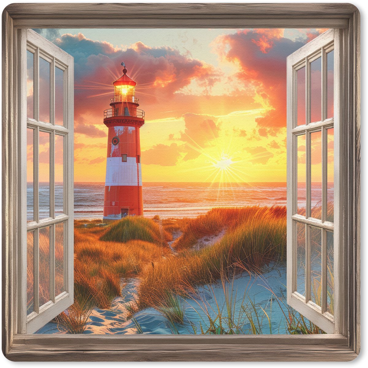 Muismat 20x20 cm - Mousepad Doorkijk - Raam - Vuurtoren - Zonsondergang - Strand - Muismatten